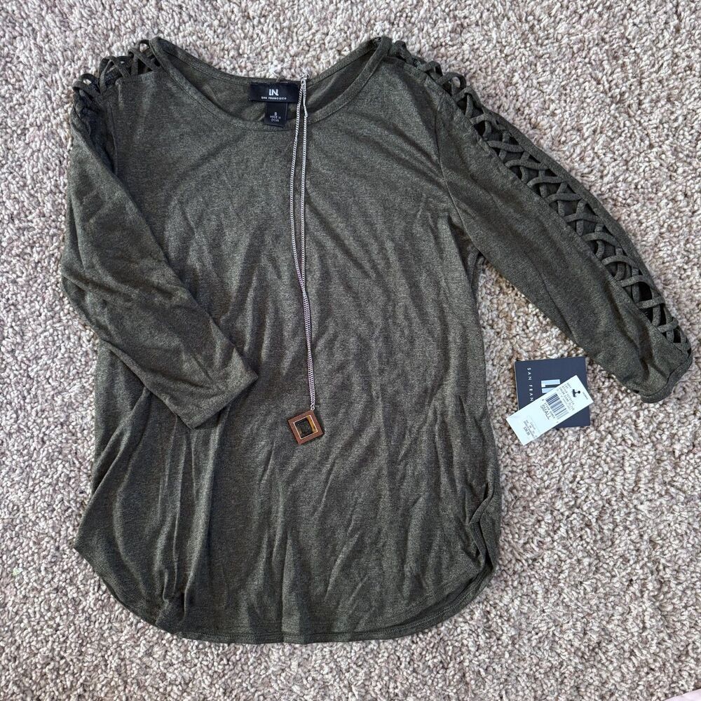 NWT 2pc I.N. junior size small shirt + necklace top women olive